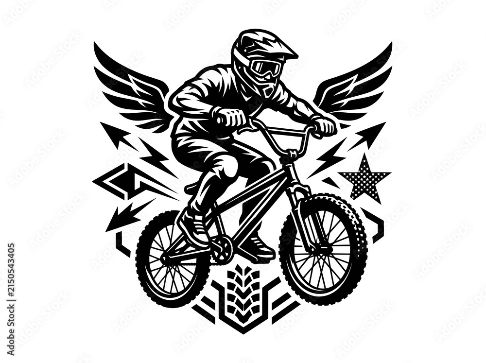 Fototapeta premium Black and White Line Art BMX Rider with Wings Emblem - Extreme Sports Bicycle Motocross Vector Graphic