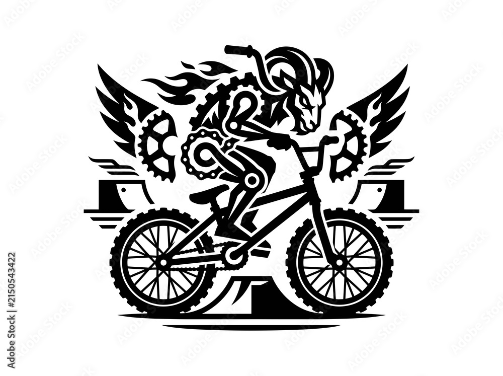 Fototapeta premium Extreme Sports Cycling: Black White Silhouette of a Mythical Ram Biker on a BMX Bicycle with Wings and Gears