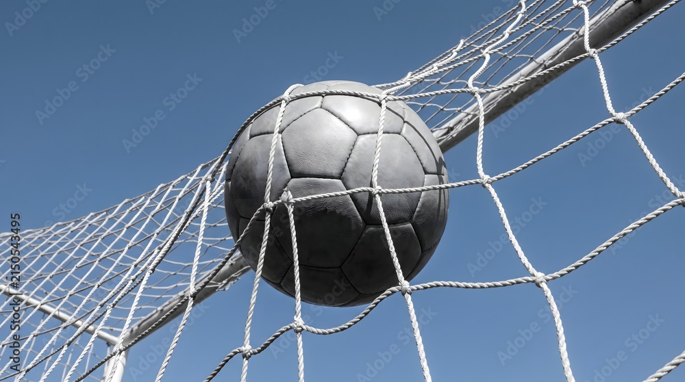 Naklejka premium Soccer ball hitting the back of the net against a blue sky, concept of winning, scoring a goal, and success in sports