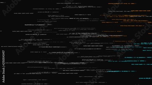 Code text scrolling horizontally with glitch effects and colored syntax on black background for hacking data interface visualization.