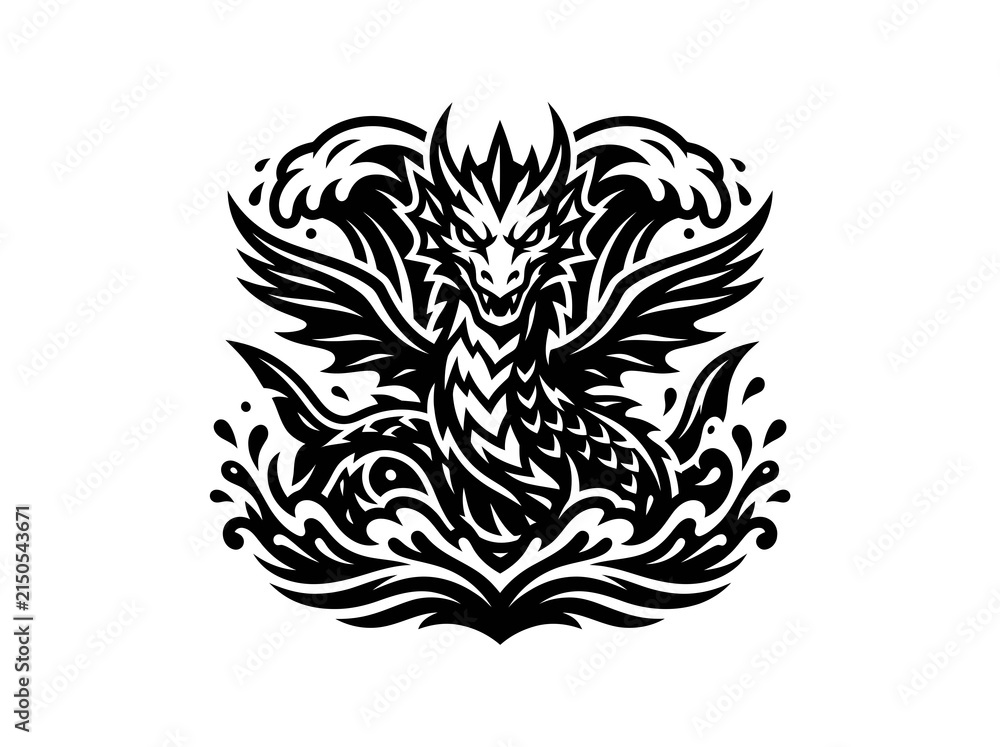 Obraz premium Powerful Mythical Water Dragon Tribal Glyph - Stylized Black and White Art for Fantasy Heraldry