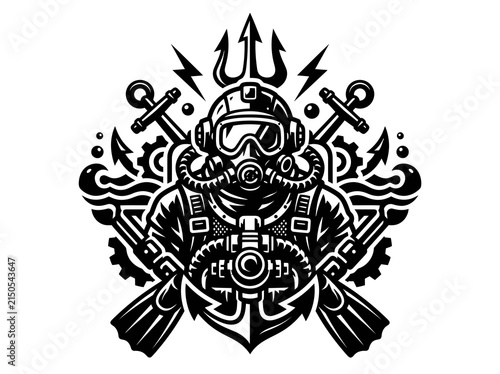 Black and White Vintage Diver Icon with Nautical Elements