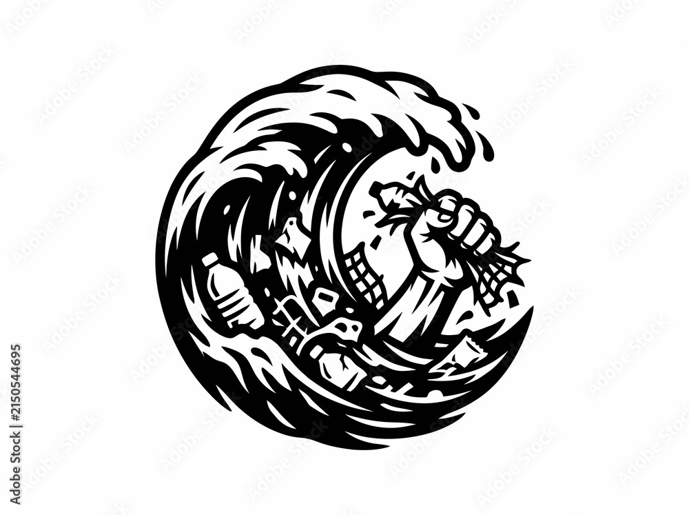 Fototapeta premium Environmental Black and White Graphic Wave Icon depicting Hand and Ocean Plastic Pollution Waste