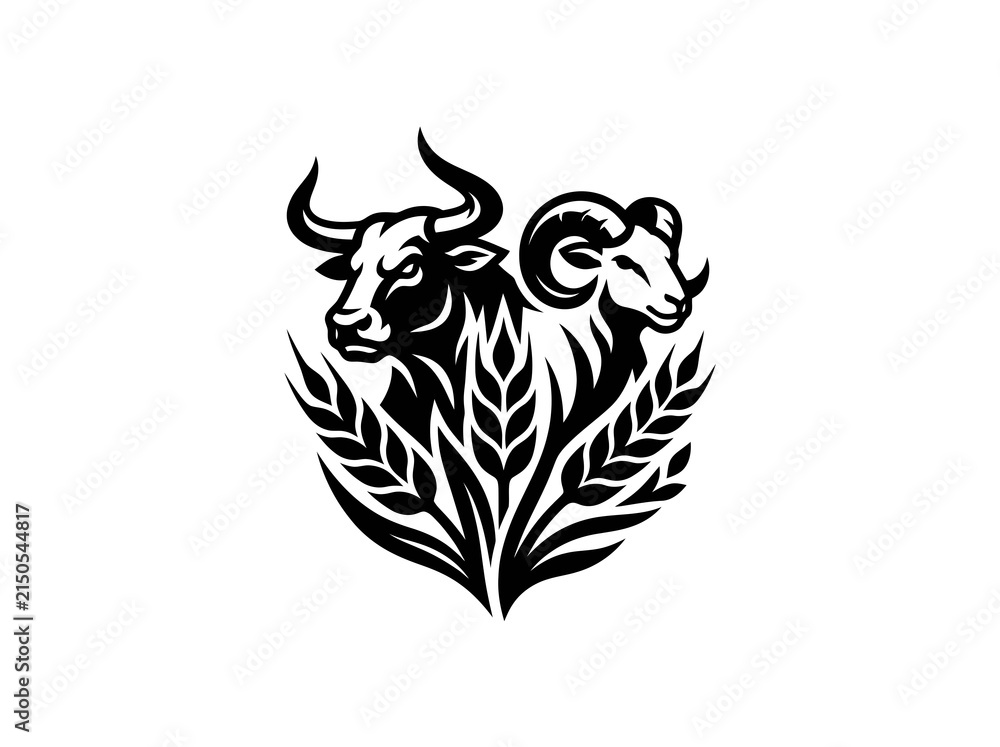 Fototapeta premium Monochrome Farming Agriculture Logo with Stylized Bull, Ram, and Wheat Heads - Livestock Grain Vector Emblem