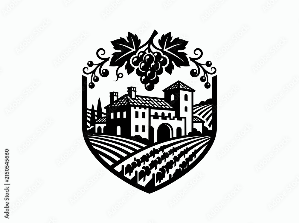 Obraz premium Black White Monochromatic Winery Estate Emblem with Grape Vine and Vineyard Landscape Silhouette