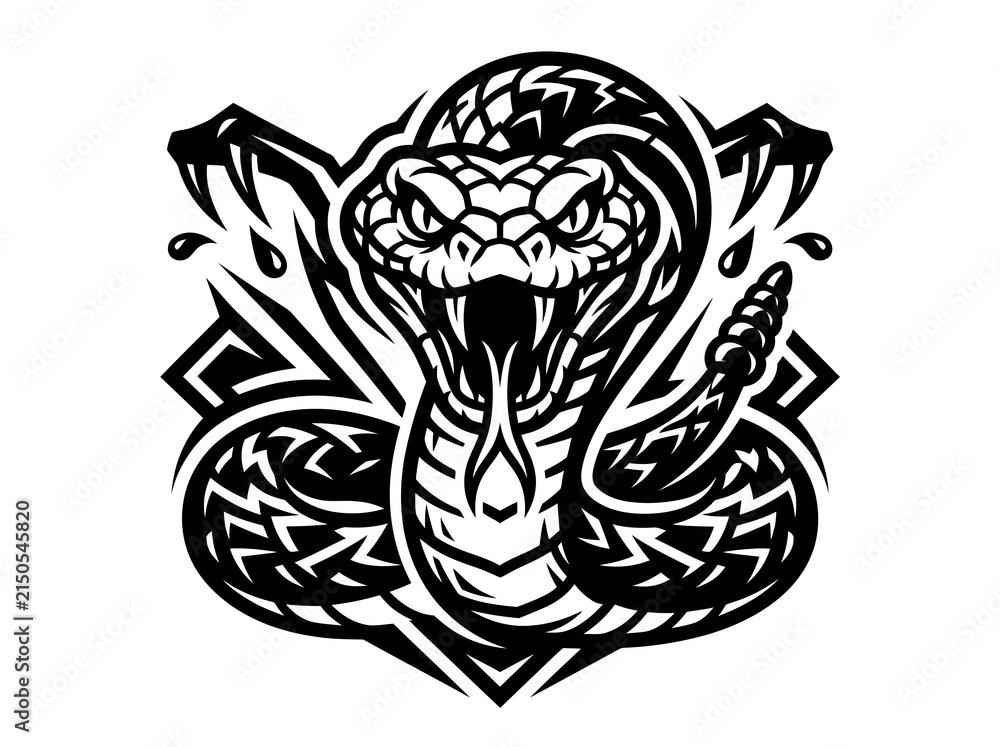 Obraz premium Black White Stylized Cobra Snake Mascot Graphic Vector Art. Aggressive Serpent Tattoo Design for Gaming Industry.