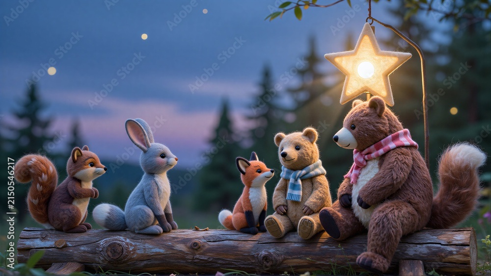 Naklejka premium Five stuffed forest friends gather on a log under a glowing star.