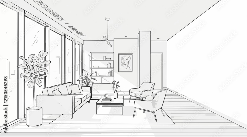 Fototapeta premium Interior design sketch of a modern living room with sofas, armchairs, and a coffee table