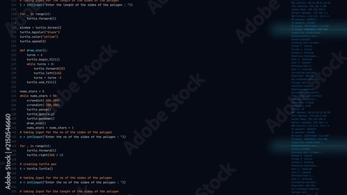 Computer source code scrolling with syntax highlighting and cyan light streaks on black background for software development terminal interface.