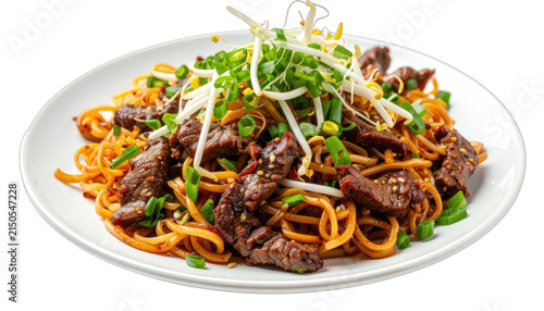 A delicious plate of stir-fried noodles with tender beef and fresh sprouts. isolated on white background