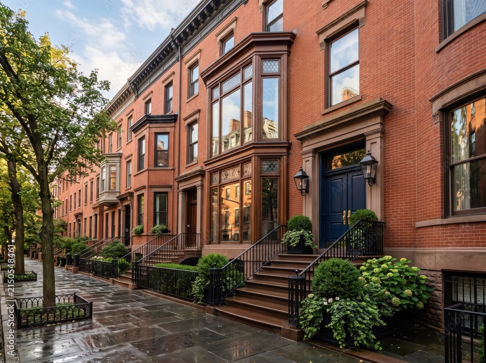 Fototapeta premium Red brick row houses with blue door and wet sidewalk