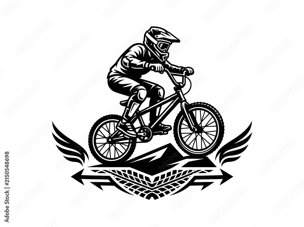 Fototapeta premium Black and White BMX biker illustration with wings and mountains, extreme sport style