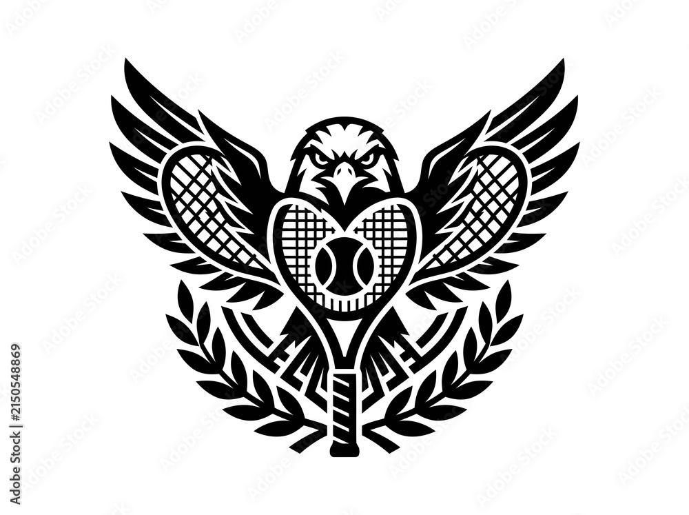 Fototapeta premium Eagle Tennis Emblem Glyph - Sports Logo with Heart Rackets, Ball, and Laurel Wreath in Black and White Style