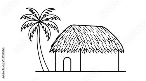 Canvastavla Simple line art drawing of a tropical thatched roof hut and a palm tree