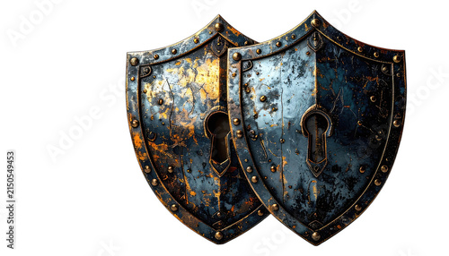 Two antique, battle-worn shields with keyhole emblems stand against a dark void. isolated on white background