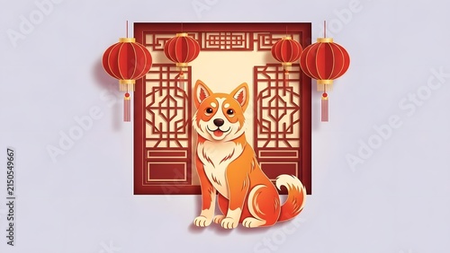 Chinese Zodiac Dog with Lantern Decorated Door
