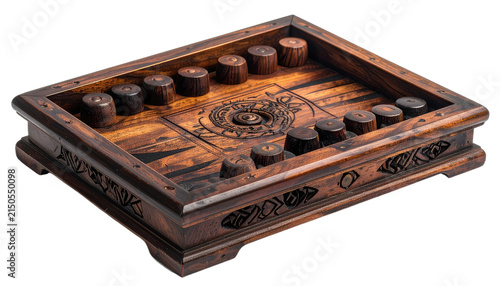 A beautifully crafted wooden backgammon set with intricate carvings. isolated on white background