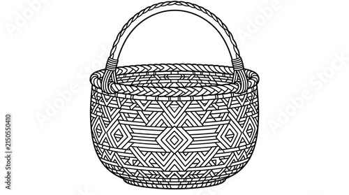 Detailed black and white illustration of a woven basket with geometric patterns.