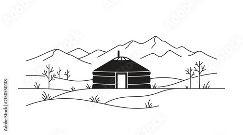Minimalist Line Art Illustration of a Traditional Mongolian Yurt Tent.