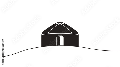 Minimalist black silhouette of a traditional yurt dwelling.