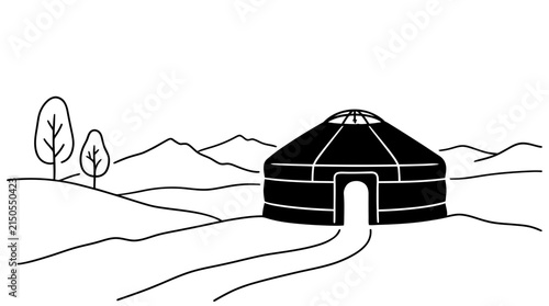 Black and white line art illustration of a traditional Mongolian yurt.