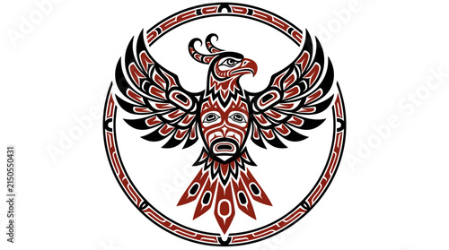 Indigenous style thunderbird eagle illustration in circular frame.
