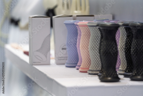 Cuadro en lienzo Multiple colorful foot massage roller equipment displayed for showcase