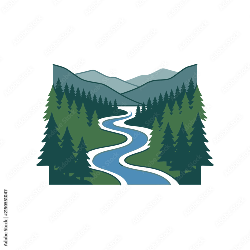 Fototapeta premium Winding River Flowing Through Lush Pine Forest with Mountain Landscape Background