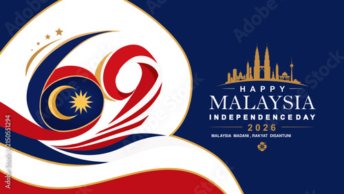 Happy Malaysia Independence Day 2026 banner with 69th anniversary logo, dark blue background, and KL skyline silhouette.