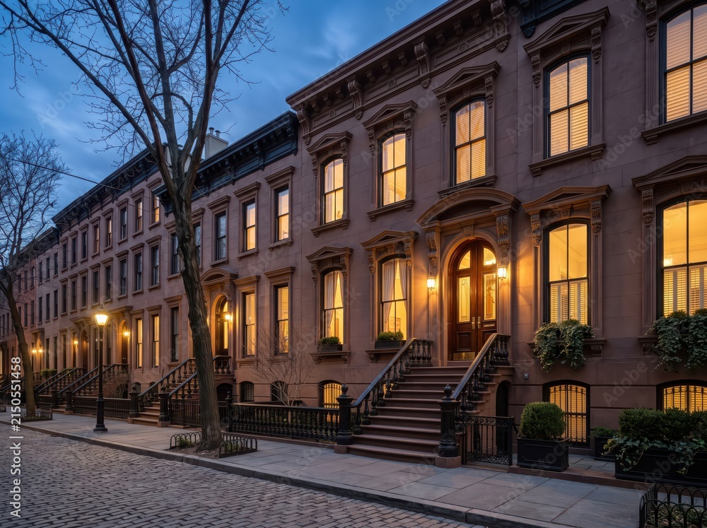 Fototapeta premium Brownstone row houses on cobblestone street at dusk