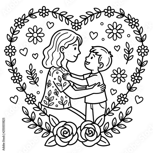 Mother and Child Embrace Inside HeartShaped Floral Frame.
