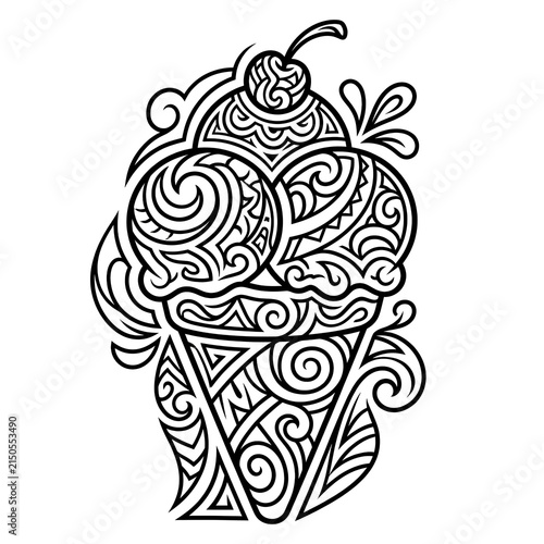 Intricate Line Art of Ice Cream Cone with Swirls and Decorative Elements.