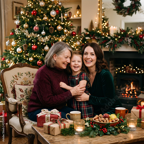 Joyful Family Celebrating Christmas Together in Cozy Living Room.
