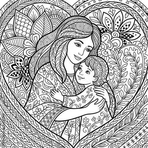 Intricate Coloring Page of Mother and Child Embracing Heart.