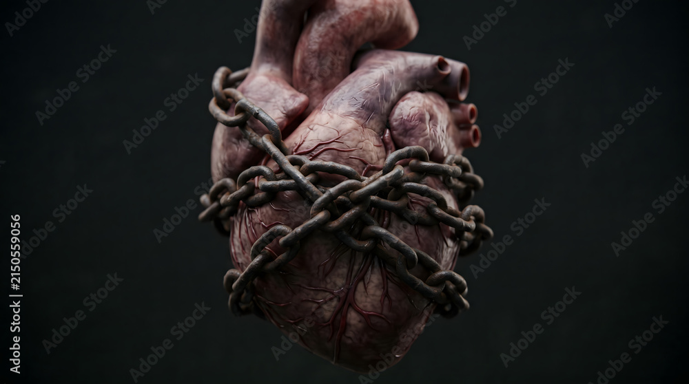 Obraz premium Emotional Trauma Concept: Heart Wrapped in Chains Symbolizing Pain
