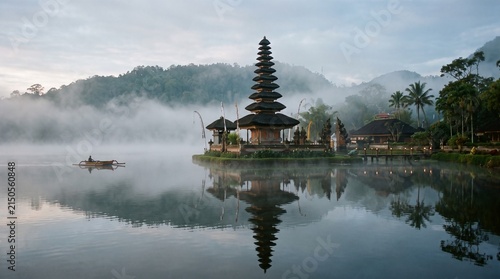 Small boat on calm lake with balinese temple in misty mountain landscape