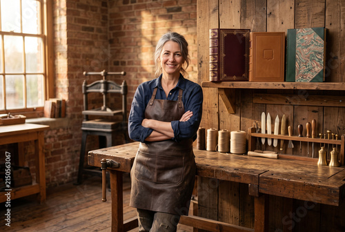 Confident Bookbinder Standing in Bindery Studio