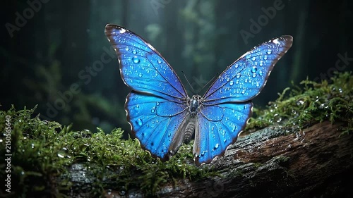 Cinematic footage of a blue morpho butterfly on a mossy log in a dark, misty forest.