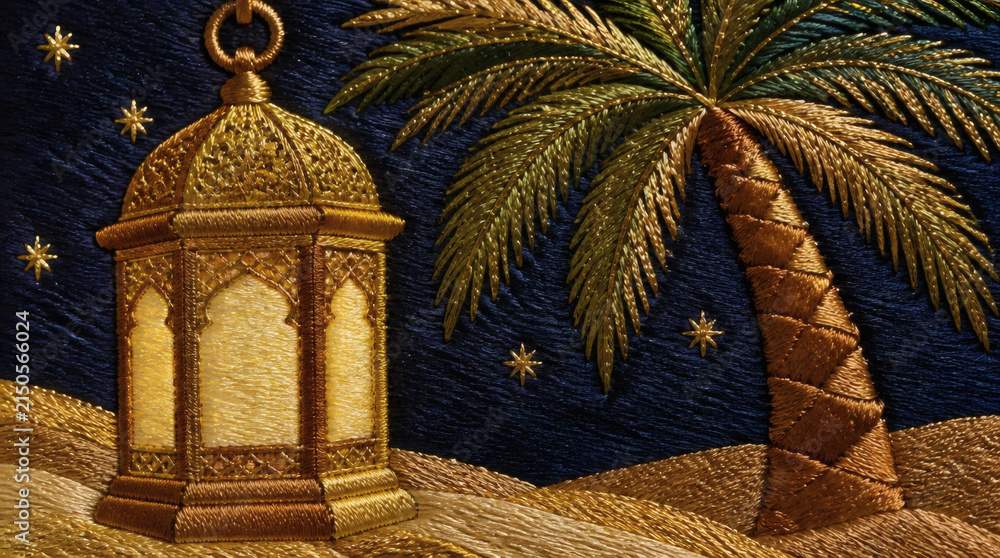 Fototapeta premium Golden Islamic Lantern and Palm Tree Under Stars Silk Embroidery Art