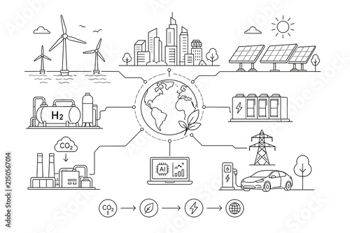 Renewable energy and sustainable technology ecosystem with wind power, solar panels, hydrogen, electric vehicles, smart grid and AI.