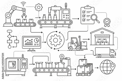Smart factory production workflow showing robotic automation, conveyor systems, quality inspection, warehouse management and logistics.