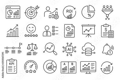 Business analytics and KPI outline icon set featuring data visualization, performance metrics, ROI, AI, reporting, and growth concepts.