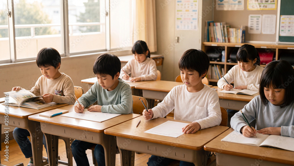 Obraz premium Students sit at wooden desks in a bright classroom while concentrating on their written assignments during a quiet morning lesson in an elementary school setting.