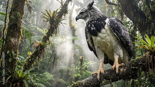 Cinematic footage of a Harpy Eagle perched on a branch in a misty tropical jungle.