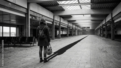 Woman standing in empty airport terminal, long shadow, waiting, monochrome