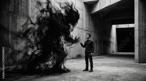 Man Confronts Dark Shadow Creature in Concrete Structure