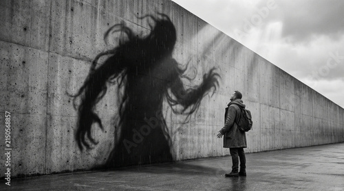 Man Confronts Dark Shadow Monster on Concrete Wall - Fear Concept