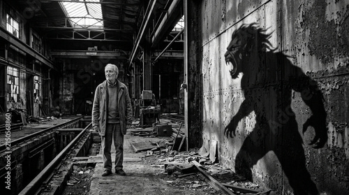Man confronts monstrous shadow in gritty industrial ruin, black and white