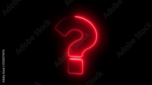 Glowing red neon question mark sign pulsing on black background, for mystery and, faq concepts