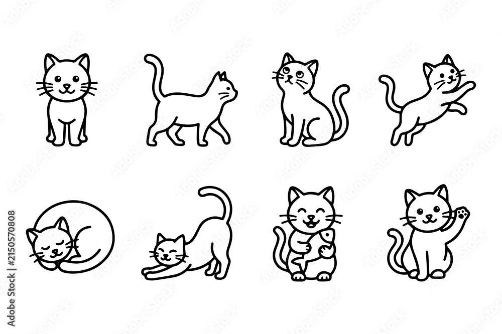 Obraz premium Cute cat doodles set depicting various domestic feline poses and activities